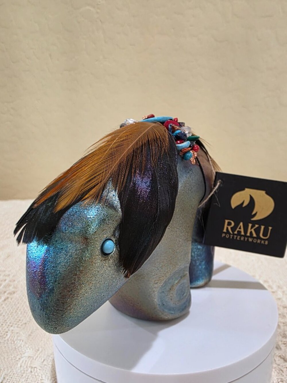 Jeremy Diller Raku Pottery Spirit Bear Fetish Figurine Turquoise Eye Feathers B2 - Picture 5 of 17